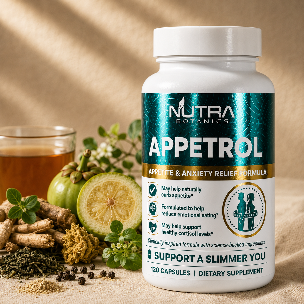 Nutra Botanics Appetrol bottle on warm cream linen surrounded by garcinia cambogia, ashwagandha root, fresh green tea leaves, peppercorns, and a glass of brewed tea — adaptogenic appetite support