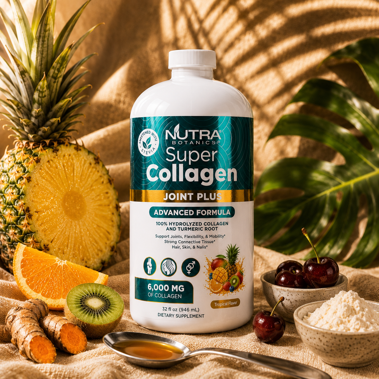 Nutra Botanics Super Collagen Joint Plus 32oz bottle on warm tan linen with halved pineapple, fresh turmeric root, orange wedge, kiwi, cherries and a silver tablespoon of amber-honey collagen — tropical flavor styling