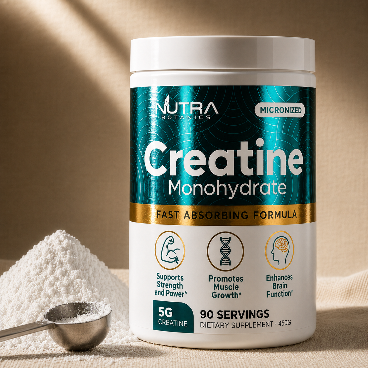 Nutra Botanics Creatine Monohydrate tub on warm cream linen with mound of micronized white creatine powder and stainless steel measuring scoop