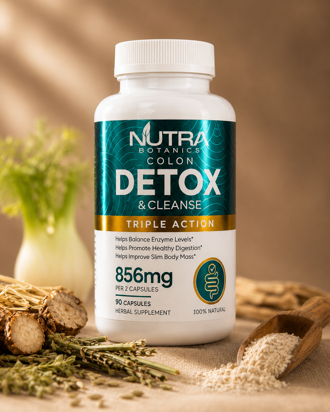 Nutra Botanics Colon Detox & Cleanse bottle on warm cream linen with fresh fennel bulb, dried roots, herbs, chili pepper and a wooden scoop of psyllium husk powder