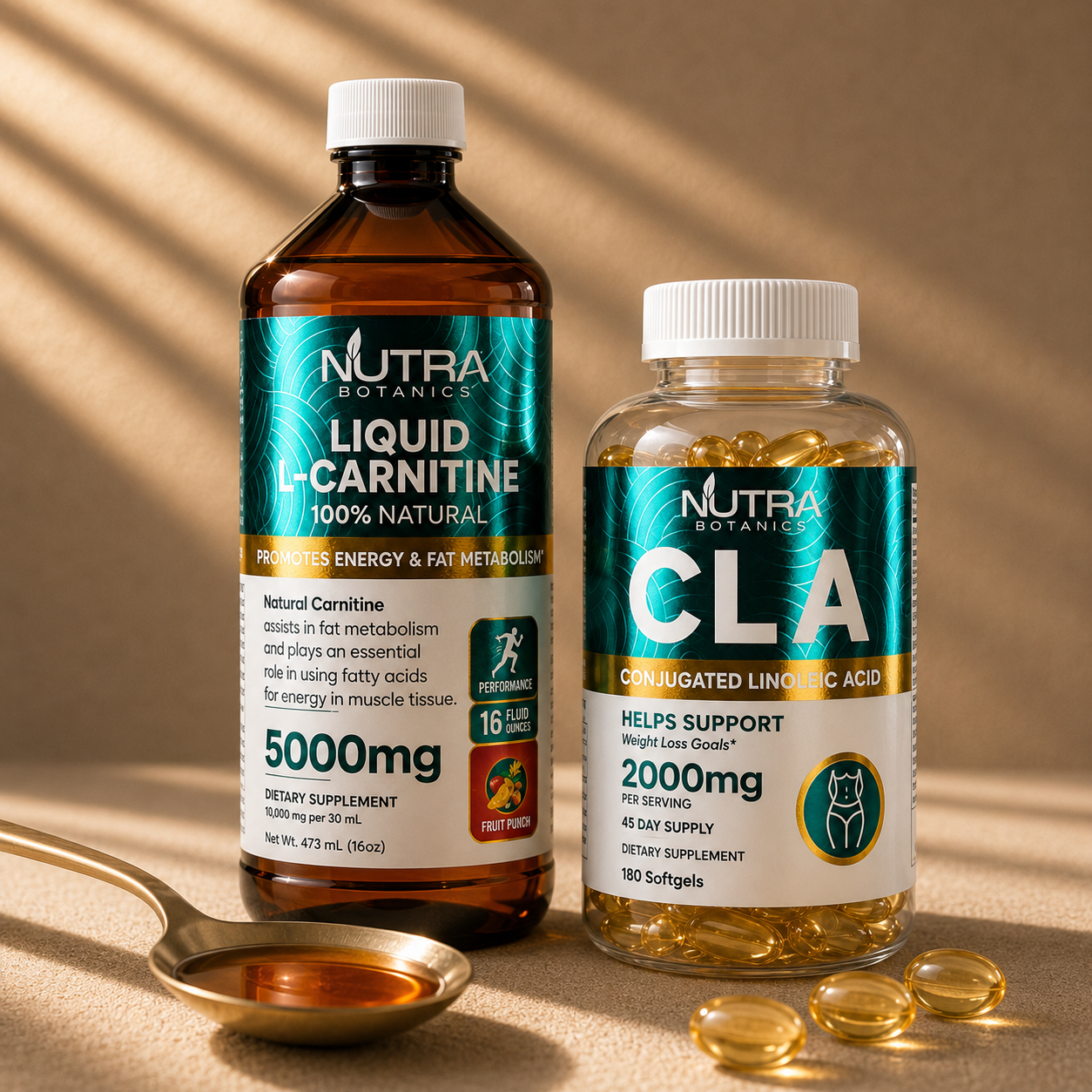 Nutra Botanics Metabolism Booster Bundle — Liquid L-Carnitine 5000mg amber bottle and CLA 2000mg softgels styled with golden tablespoon and scattered softgels on warm cream backdrop