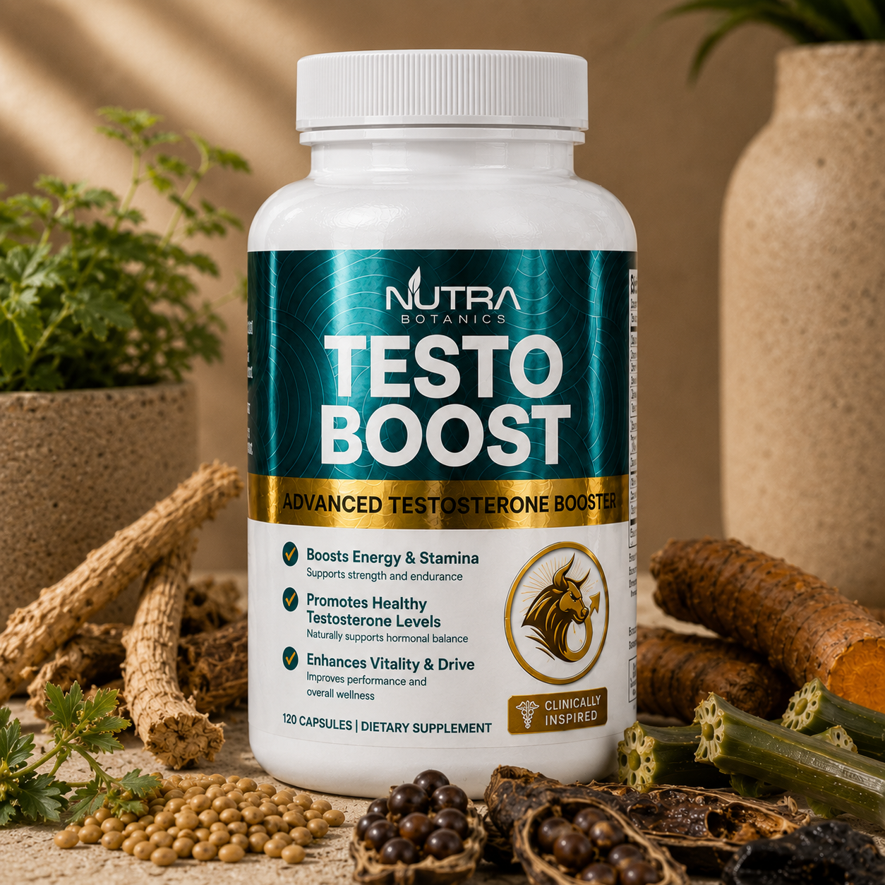 Nutra Botanics Testo Boost bottle on warm cream linen with ashwagandha root, tongkat ali bark, fenugreek seeds, shilajit and turmeric arranged around it